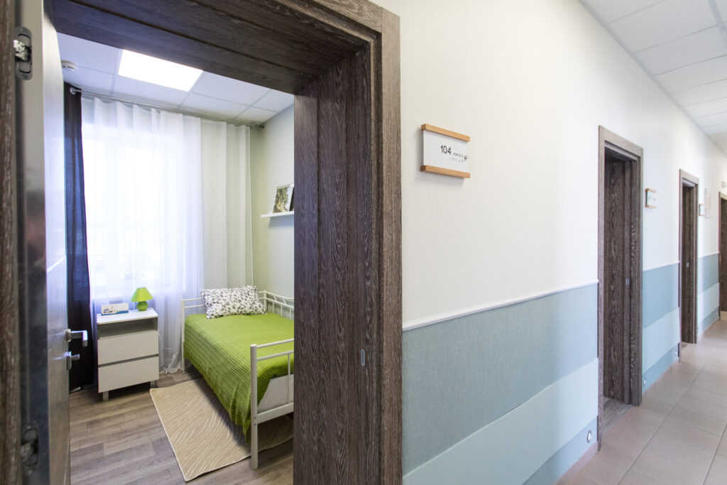 Interior room nursing home, corridor in the hospital wards, furniture for people with disabilities