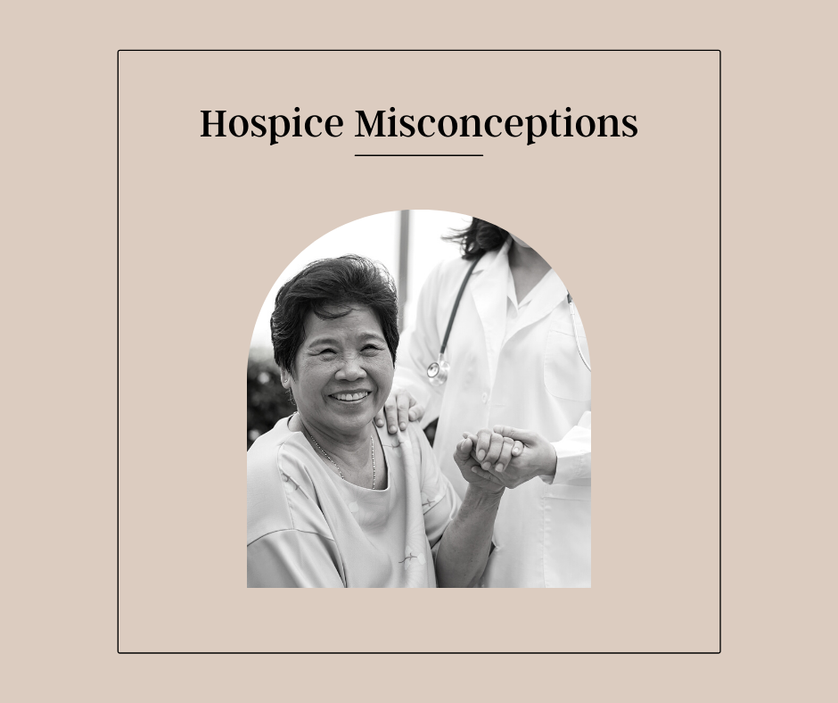 Photo of physician holding elderly patient’s hand with text that reads ‘Hospice Misconceptions’