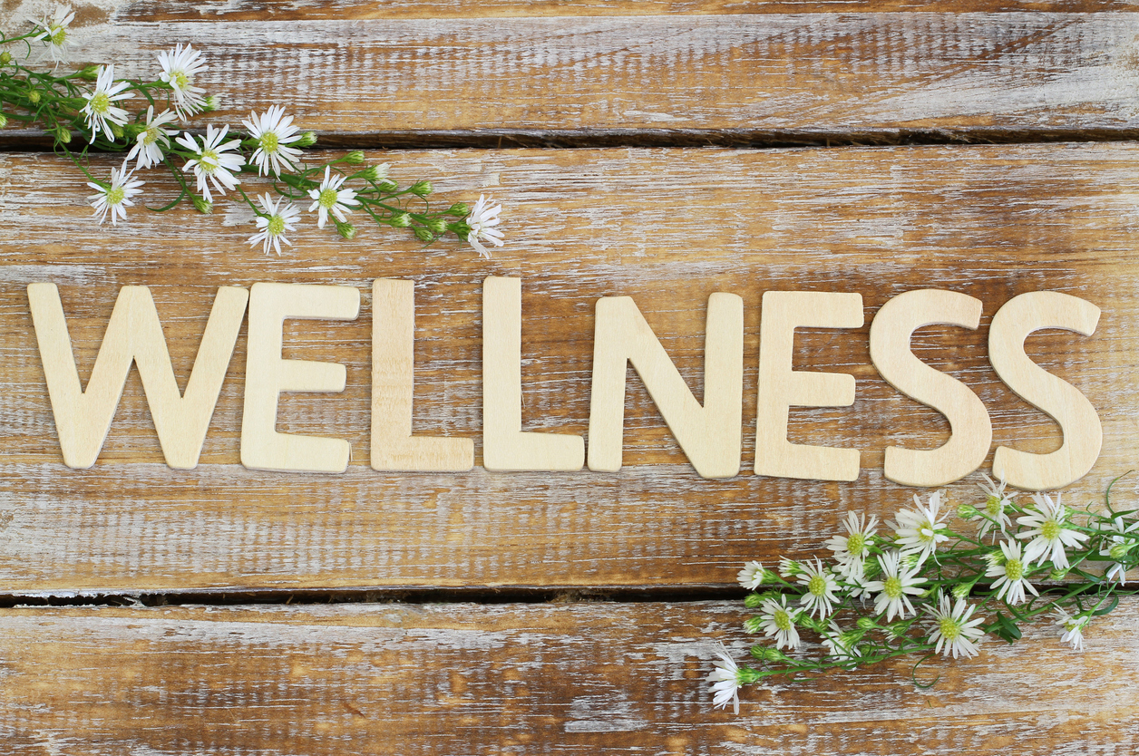 Wellness written with wooden letters, fresh chamomile flowers on rustic surface